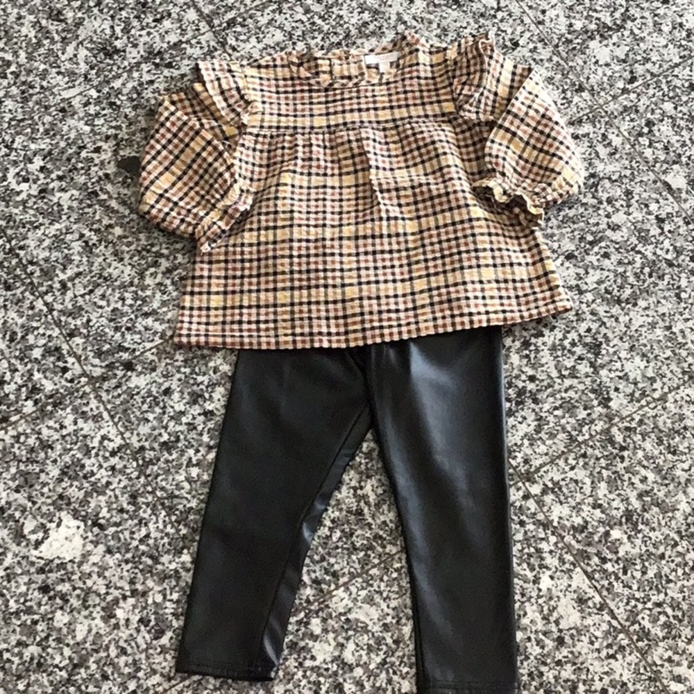 Plaid ruffle-yoke top with faux leather pants - Picture 2 of 4